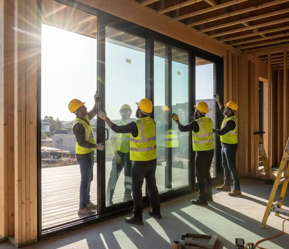 Team installing large sliding doors